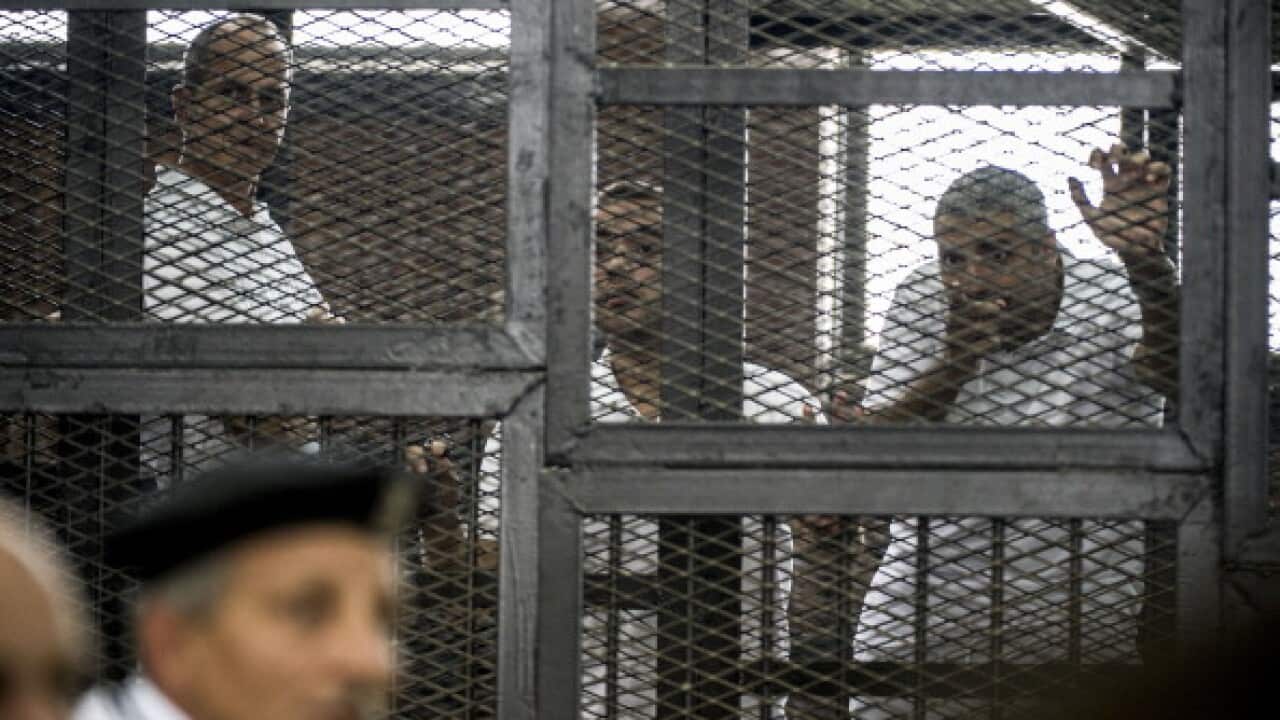 Egyptian-Canadian Mohamed Fadel Fahmy (L) and Egyptian Baher Mohamed , listen to the verdict inside the defendants cage during their trial for allegedly supporting the Muslim Brotherhood on June 23, 2014 at the police institute near Cairo's Tora prison. (