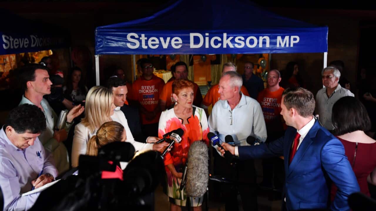 Queensland One Nation leader Steve Dickson and One Nation leader Senator Pauline Hanson speak to the media at the campaign party house in Buderim on the Sunshine Coast on November 25, 2017.