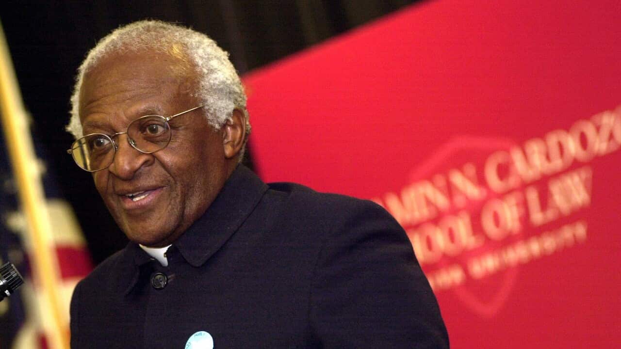 Archbishop Desmond Tutu speaks at the Benjamin Cardozo Law School of Yeshiva University on April 1, 2003 where he received an award from the school. Tutu died on December 26, 2021 in Cape Town, South Africa at the age of 90.(Photo by Richard B. Levine)