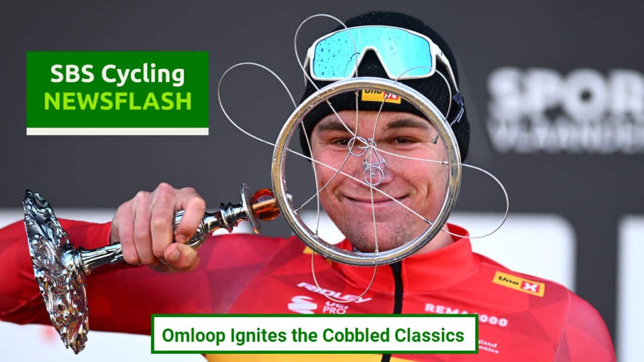 NINOVE, BELGIUM - MARCH 01: Soren Waerenskjold of Norway and Team Uno-X Mobility celebrates at podium as race winner during the 80th Omloop Het Nieuwsblad 2025 - Men's Elite a 197km one day race from Ghent to Ninove / #UCIWWT / on March 01, 2025 in Ninove, Belgium. (Photo by Luc Claessen/Getty Images)