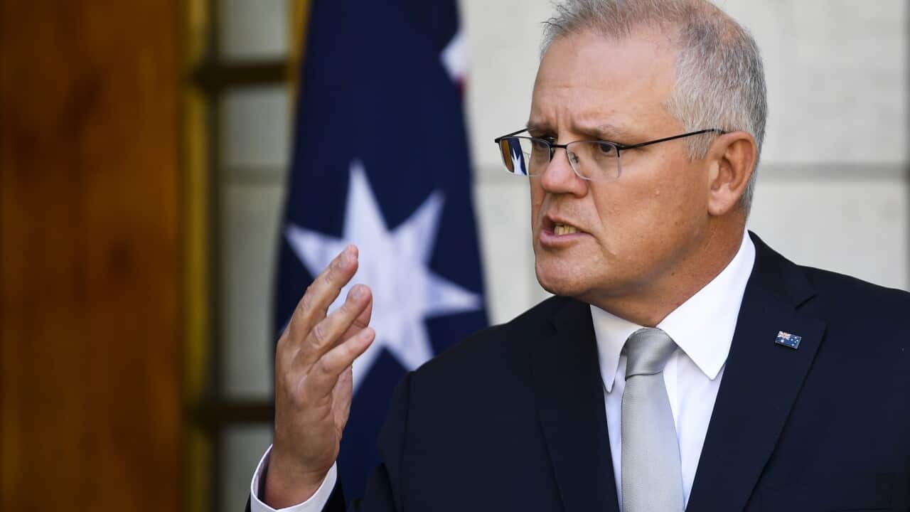 Australian Prime Minister Scott Morrison speaks to the media during a press conference at Parliament House in Canberra, Tuesday, February 23, 2021. (AAP Image/Lukas Coch) NO ARCHIVING
