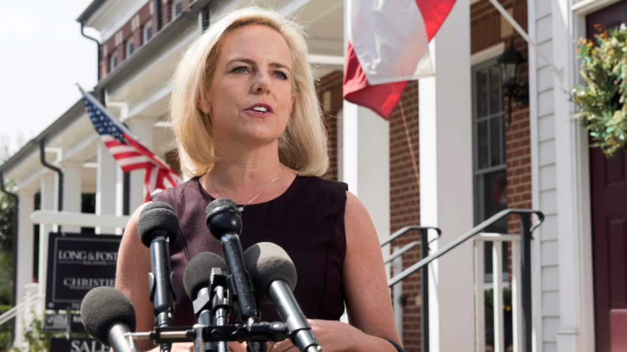 Ex-Homeland Security Secretary Kirstjen Nielsen talks outside her home in Virginia