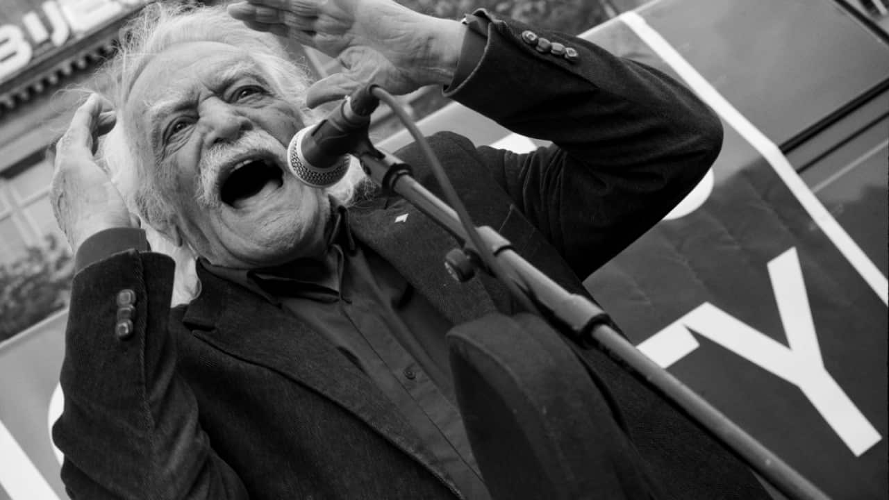 Manolis Glezos at a Dam Square rally, Amsterdam