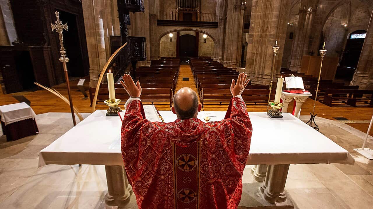 Aranda de Duero's priest chairs a mass on occasion of Palm Sunday at the Santa Maria church in Aranda de Duero, Burgos, Spain, 05 April 2020