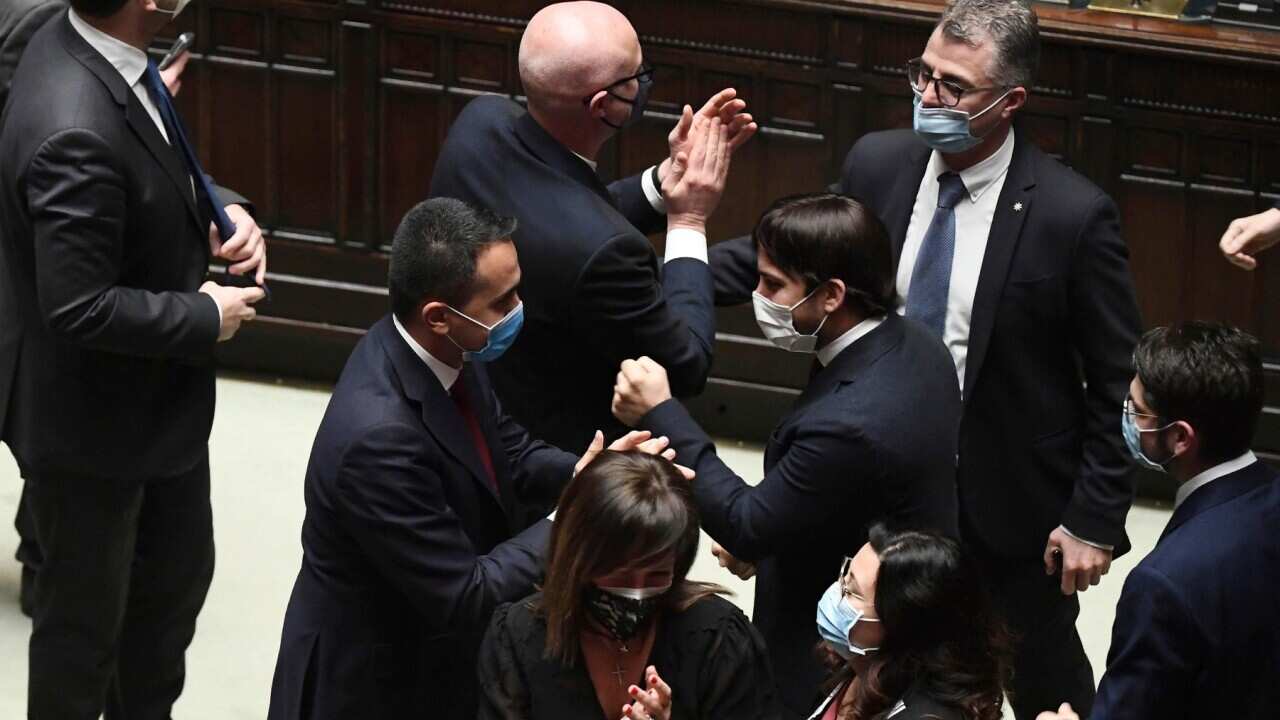 Luigi Di Maio celebrates with Alfonso Bonafede and Roberto Speranza after the confidence vote for Italian Premier Giuseppe Conte.