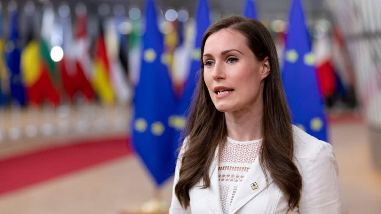Finnish Prime Minister Sanna Mirella Marin talks to media as she arrives for an extraordinary EU Summit on 24 May, 2021 in Brussels, Belgium.