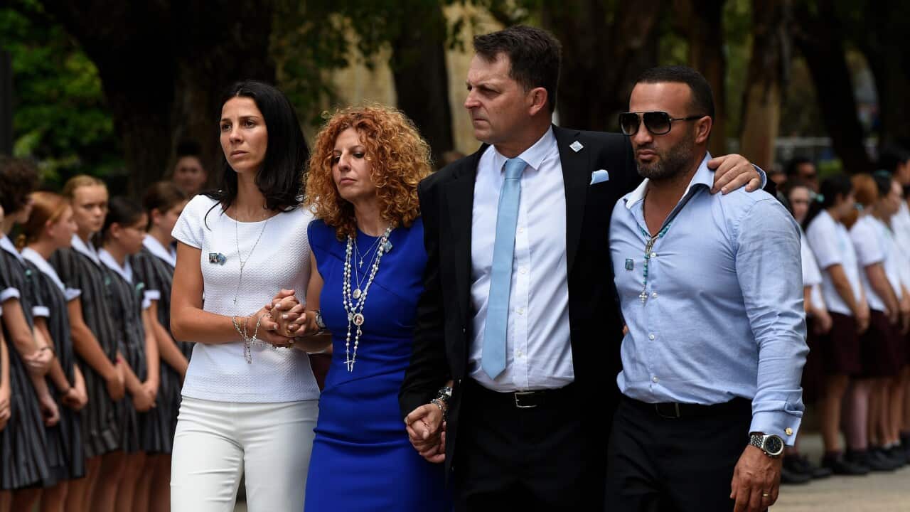 Mother Bridget Sakr (centre left) and partner Craig Mackenzie (centre right), along with Leila Geagea (left) and Danny Adballah (right)