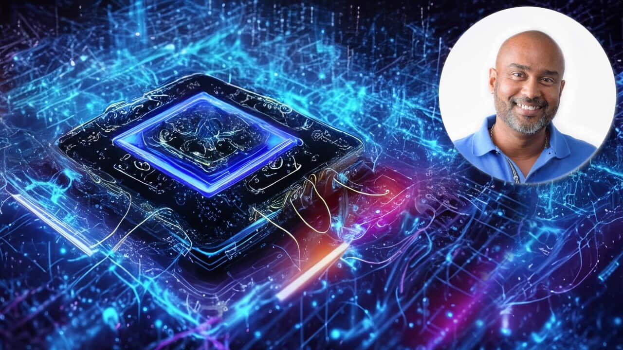 Artist's rendition of Quantum Computing; Inset: Dushyanthan Thillaivasan