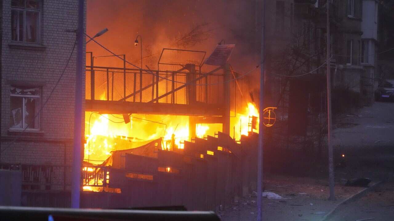 A fire after a Russian rocket attack in Kyiv, Ukraine.