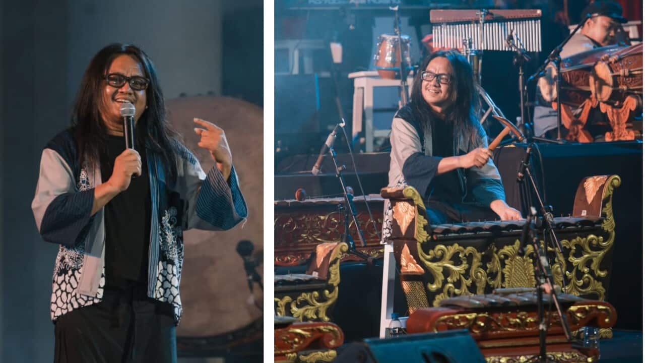 Gondrong Gunarto performance at Slendang Biru Tak Pernah Usai concert at the Museum and Gallery SBY – ANI at Pacitan, East Java – 20 Jun 2024. Curtesy: Gondrong Documentary Team.