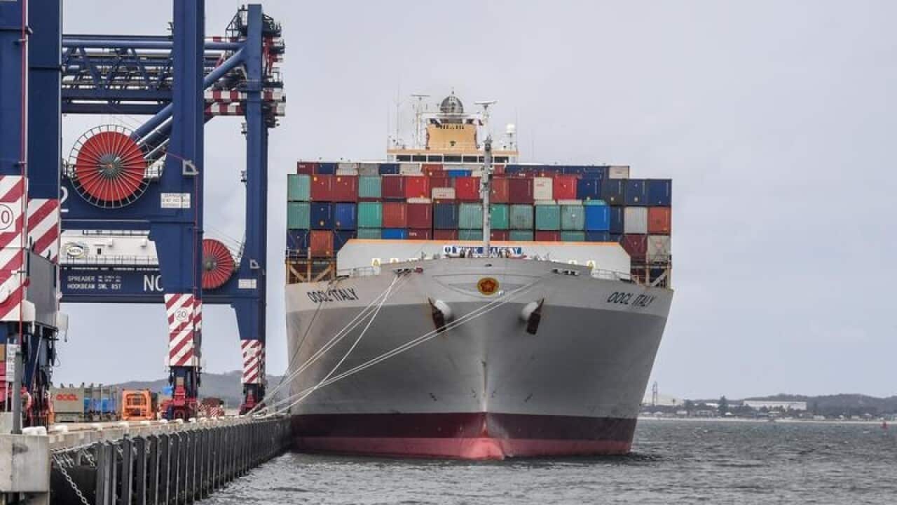 A ship is docket at the Port Botany Freight terminal