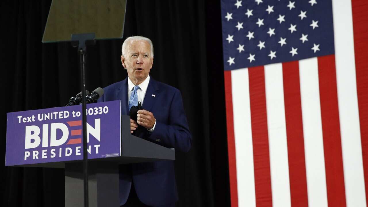 Democratic presidential candidate, former Vice President Joe Biden speaks at a high school in Delaware