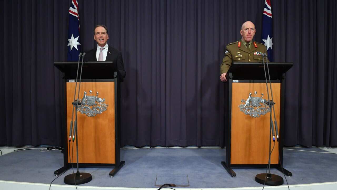 Minister for Health Greg Hunt and COVID-19 Taskforce Commander, Lieutenant General John Frewen