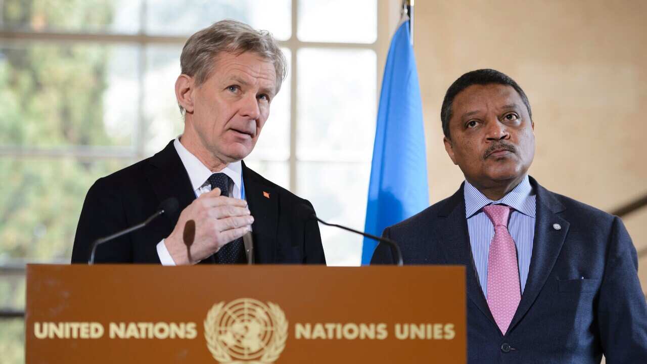 Special advisor to the UN Syria envoy Jan Egeland gestures next to UN Resident Humanitarian Coordinator for Syria Yacoub El Hillo.