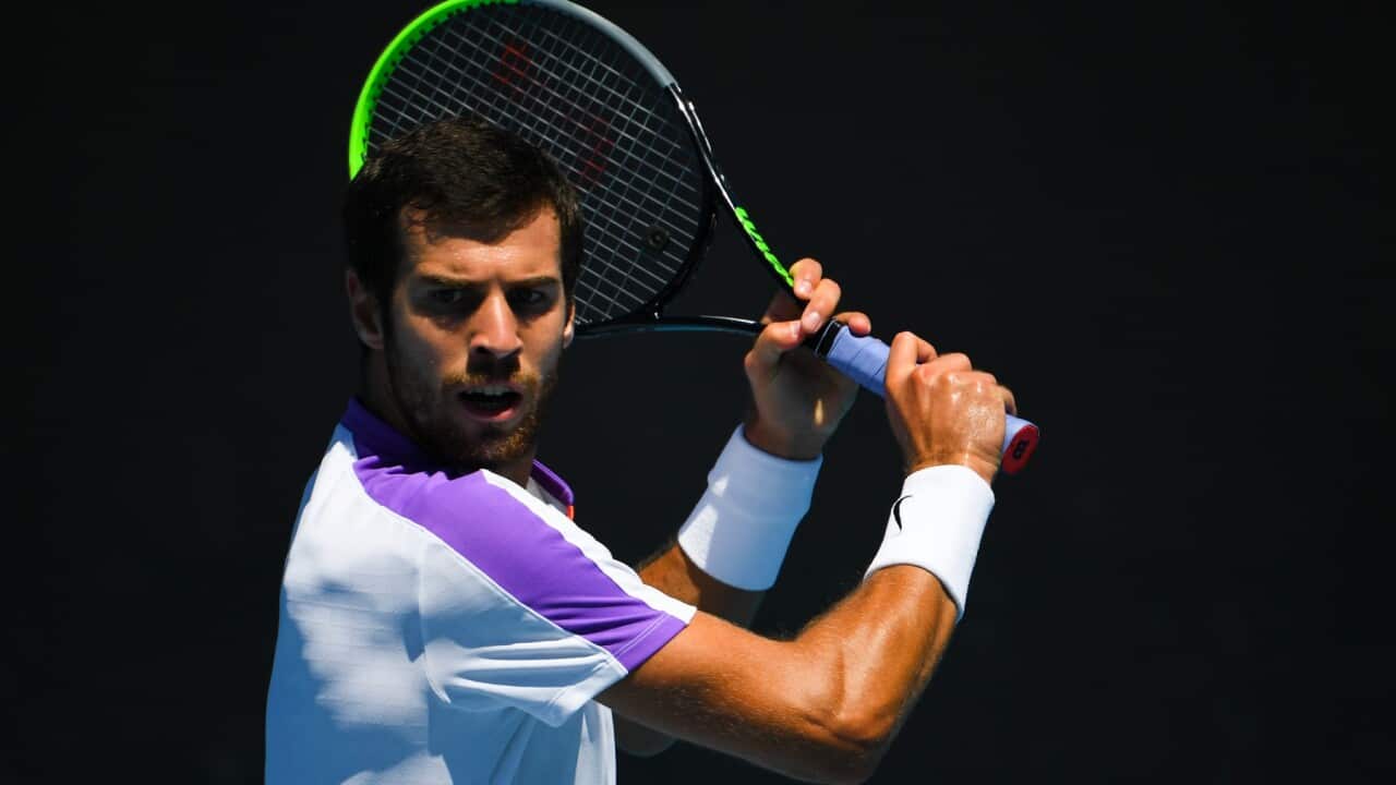 Karen Khachanov of Russia in action during his first Round Men's singles match against Aleksandar Vukic of Australia on Day 2 of the Australian Open at Melbourne Park in Melbourne, Tuesday, February 9, 2021.