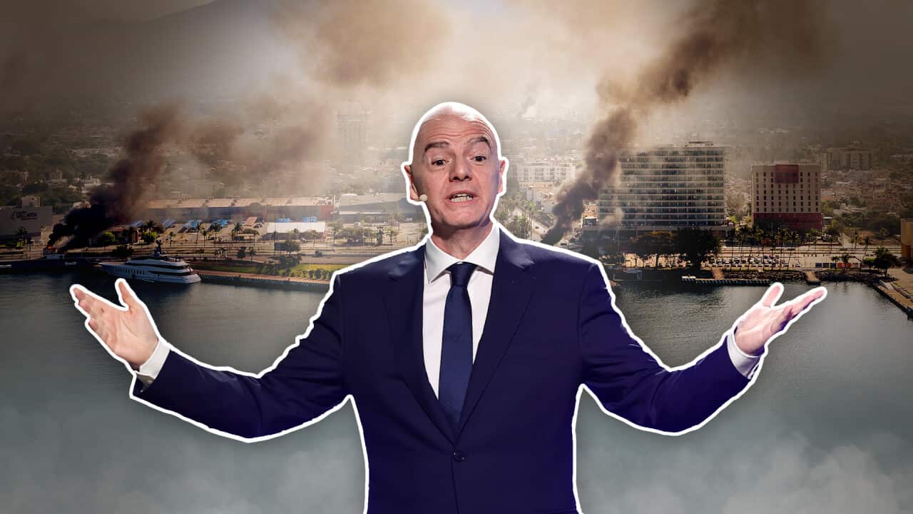 FIFA boss Gianni Infantino is superimposed onto an image of fires in the streets of a Mexican coastal region.