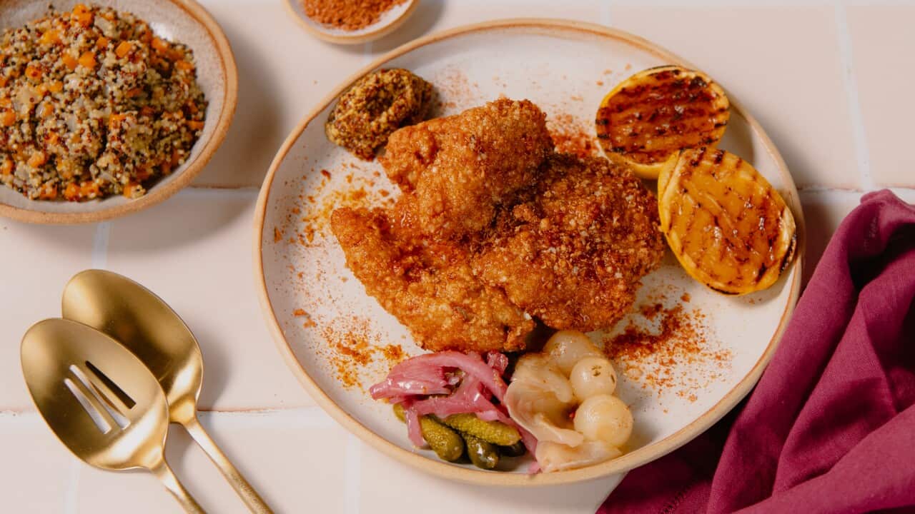 Braised quinoa, pickles & chicken chicharron