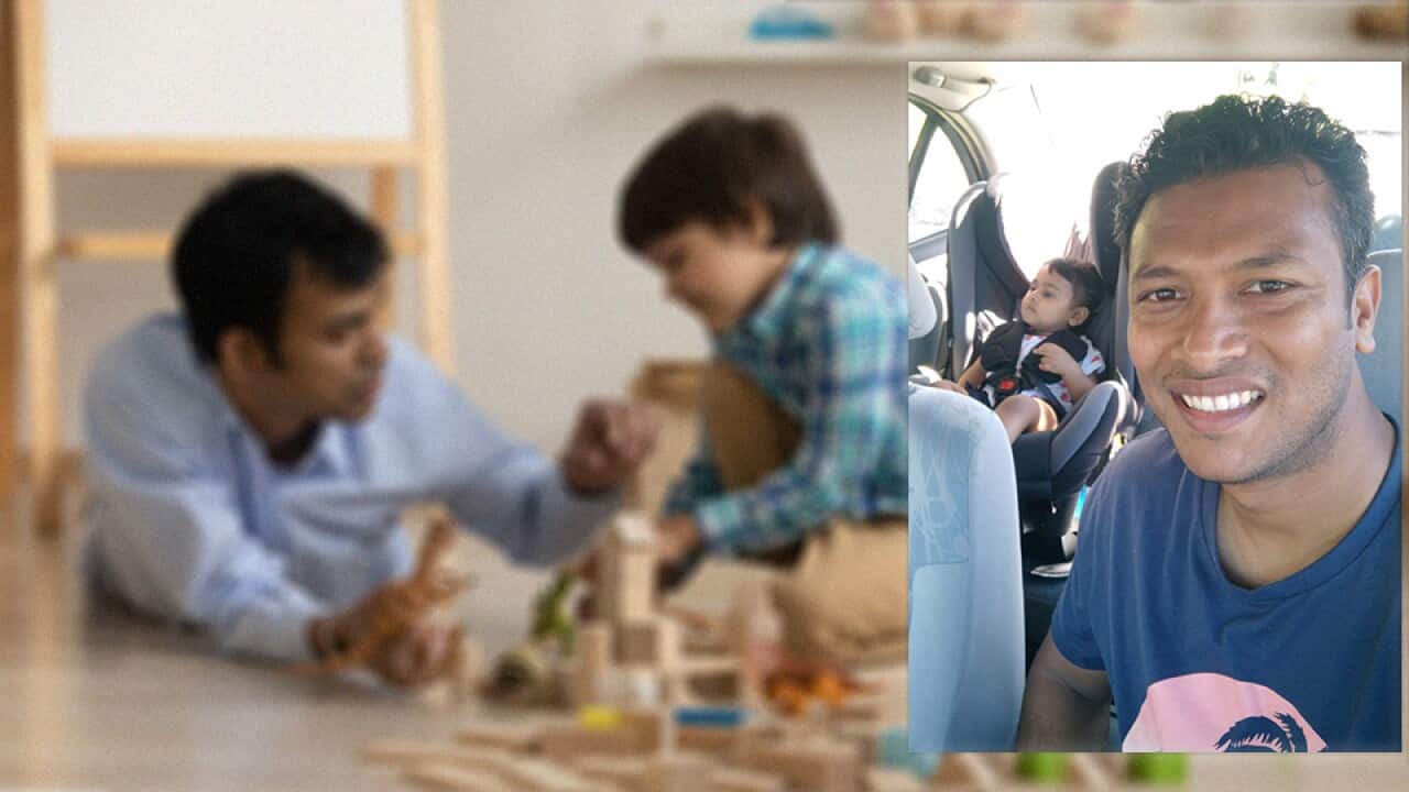 Excited little son and loving indian dad play toys together