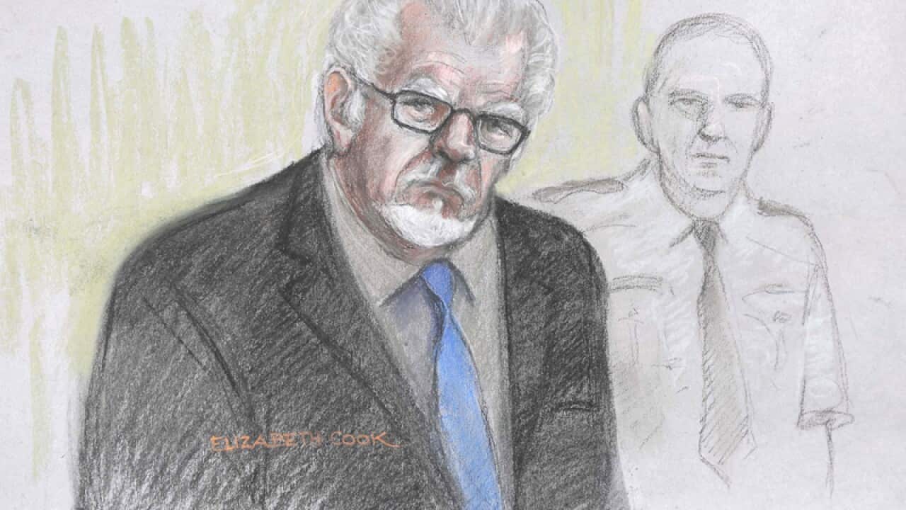 A courtroom sketch of Rolf Harris