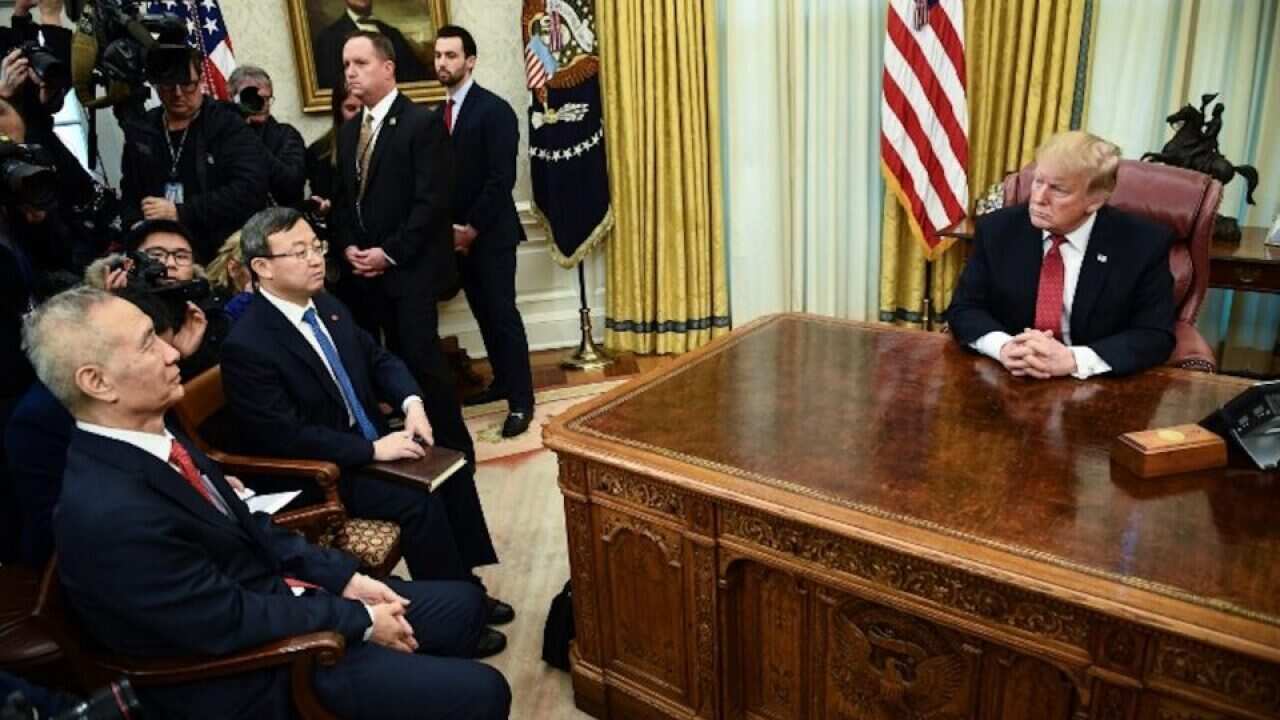 President Donald Trump with China's Vice-Premier Liu He (left) at the White House. ASIA TIMES.