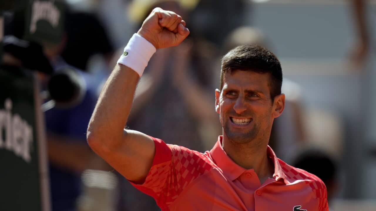 Serbia's Novak Djokovic celebrates winning his fourth round match at the Roland Garros against Peru's Juan Pablo Varillas