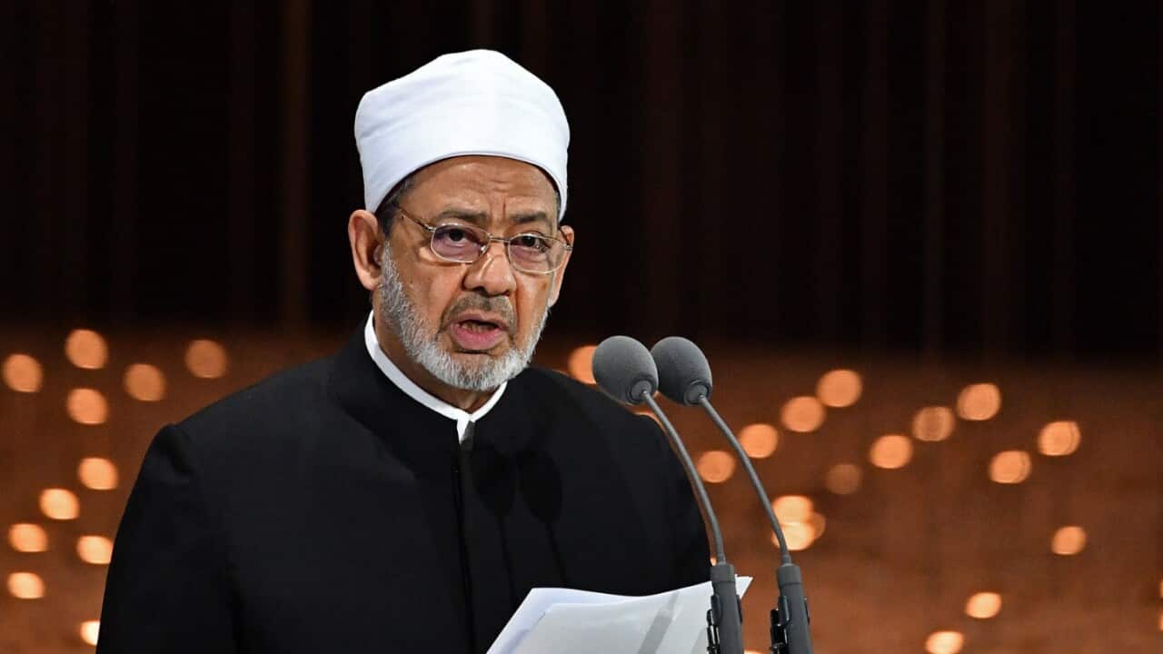 Egypt's Azhar Grand Imam Sheikh Ahmed al-Tayeb delivers a speech during the Founders Memorial event in Abu Dhabi on February 4, 2019.