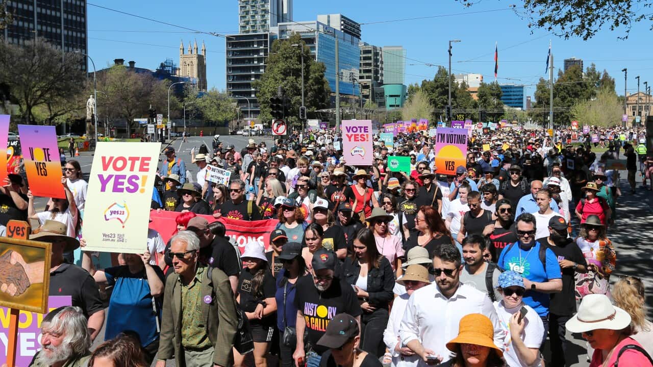 A crowd of people holding 'Vote Yes' placards walk through a street