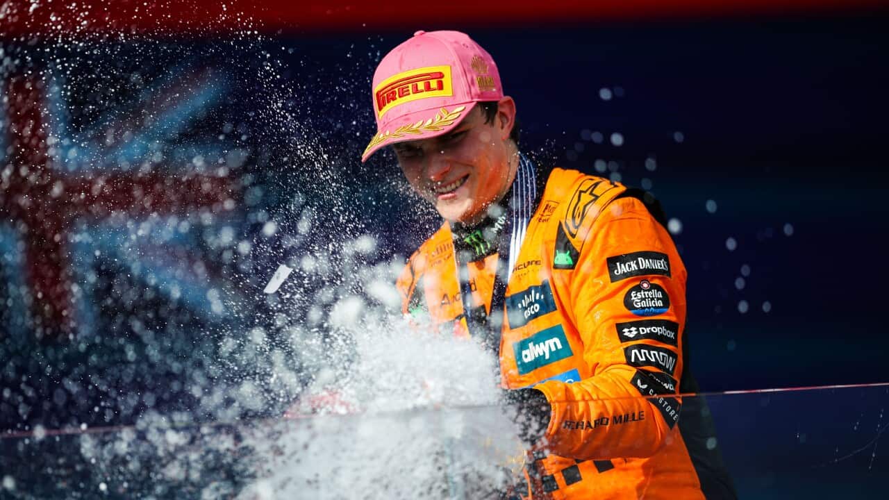 Australian Oscar Piastri from McLaren F1 Team celebrates on the podium during the Formula 1 Miami Grand Prix 2025