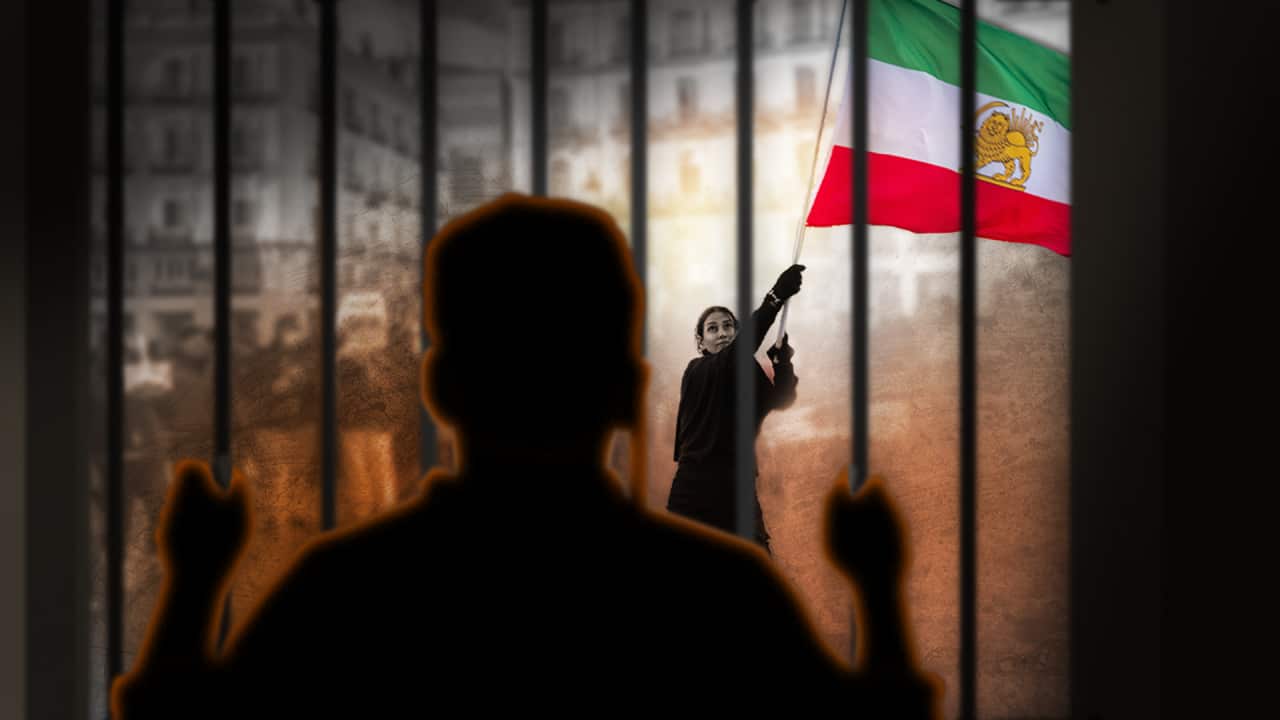 Silhouette of a prisoner behind bars looking toward a protester waving the Iranian flag outside.