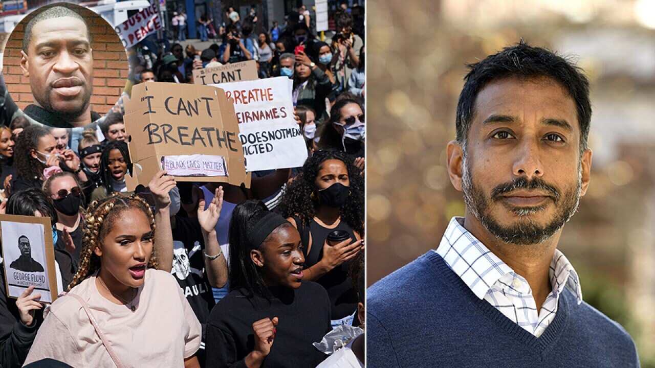 Left: Protests in America, inset: George Floyd. Right: Professor Anand Pandian