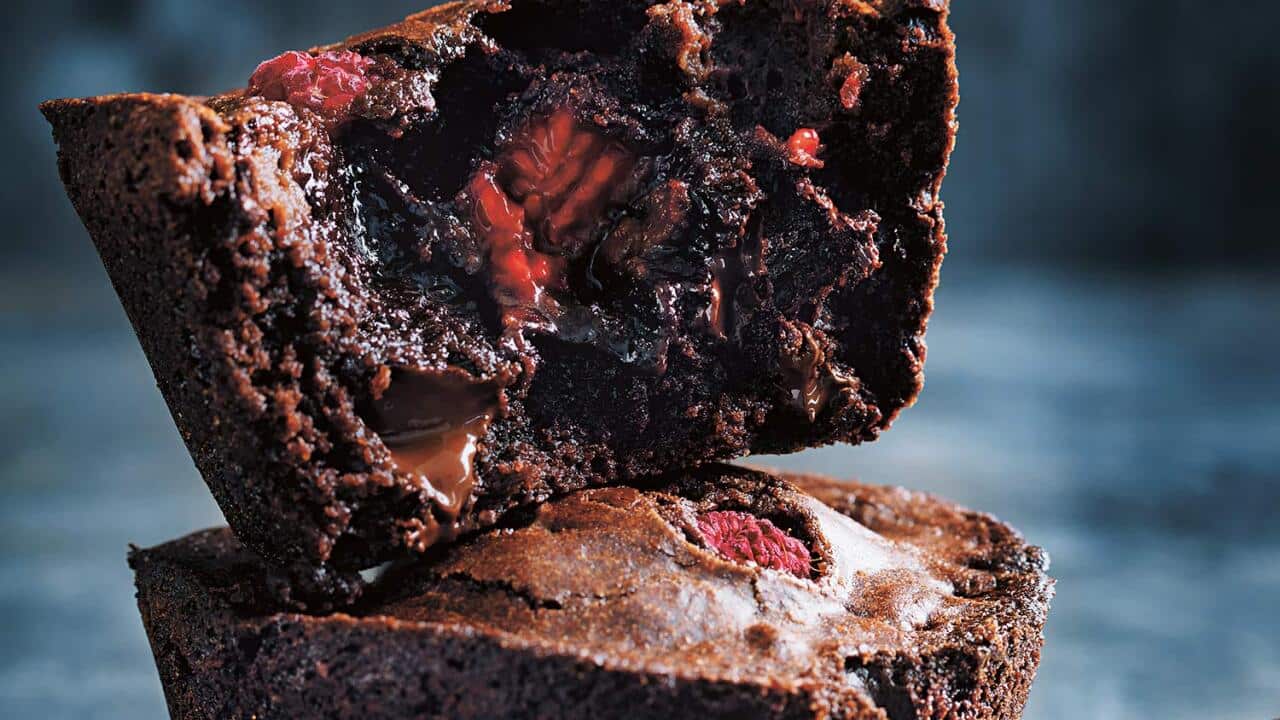 Fudgy chocolate puddings with raspberries