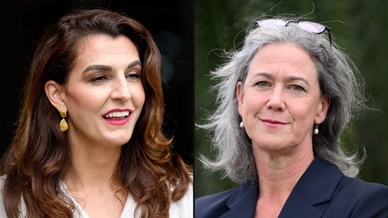 Split image of two women, on the left is a brunette and on the right is a woman with grey hair and glasses on top of her head.