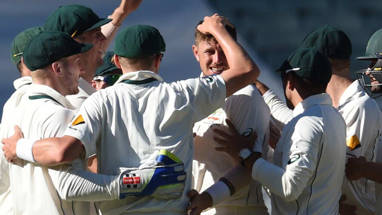 Australian bowler James Pattinson celebrates a wicket