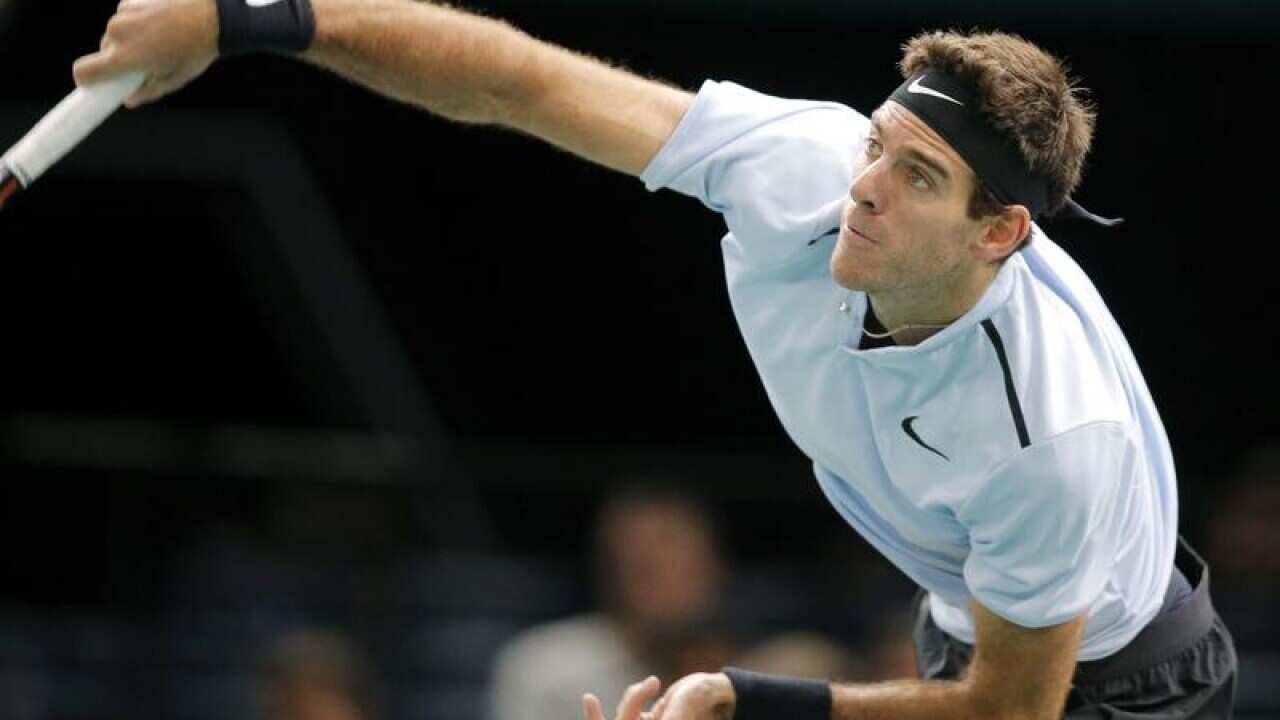 Juan Martin del Potro of Argentina serves the ball to Robin Haase.