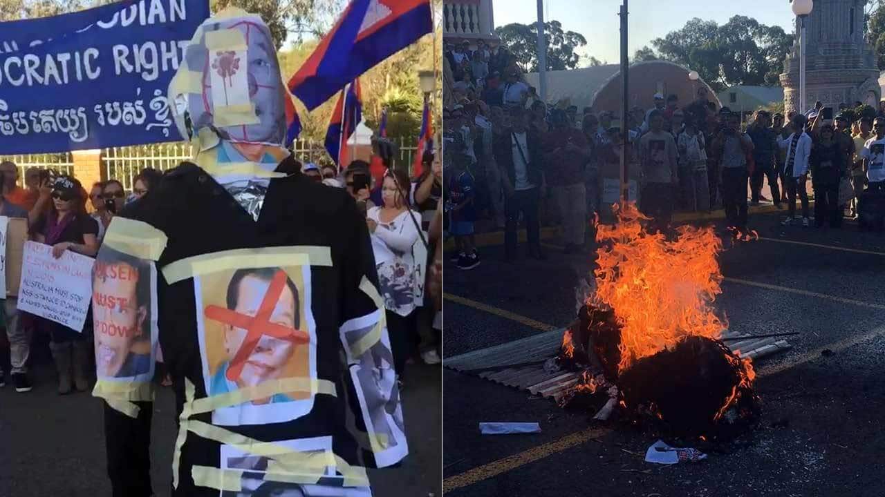 Cambodian communities from across Australia gather in a temple carpark, preparing to burn effigies of Hun Sen.