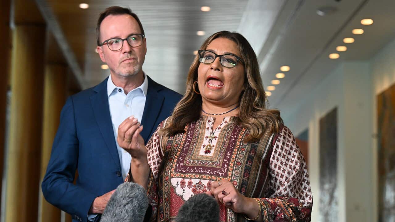 A woman in a print-patterned traditional suit speaks as a man in a blue blazer stands beside her.
