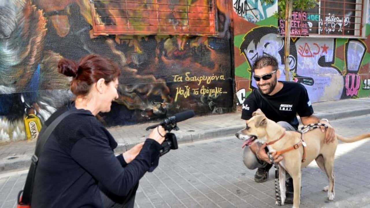Mary Zournazi filming in Athens