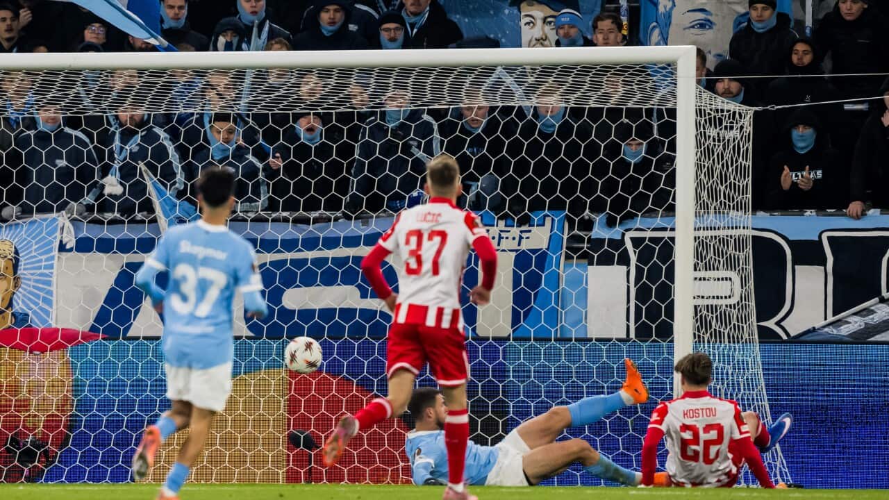 Vasilije Kostov of Crvena Zvezda scores the 0-1 goal during the UEFA Europa League football match between Malmö FF and Crvena Zvezda on January 22, 2026 in Malmö