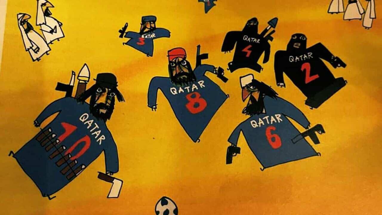 Cartoon of people playing football holding weapons.