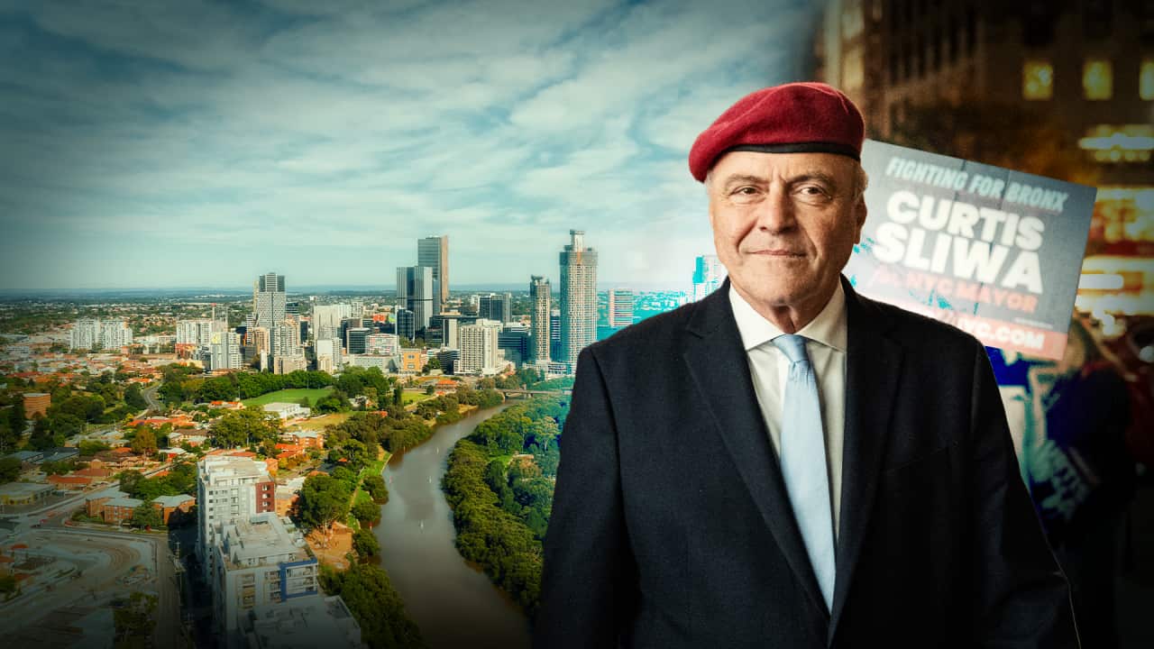 An image of a man in a suit with a red beret is standing against a landscape image of Parramatta.