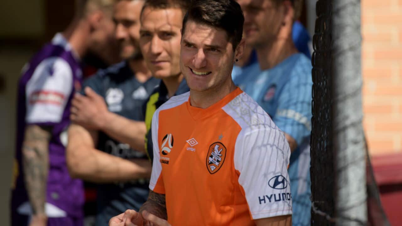 A-League player Corey Gameiro of the Brisbane Roar at the official launch of the Hyundai A-League 2017/18 Season at the Port Melbourne SC in Melbourne, Tuesday, October 3, 2017. (AAP Image/Tracey Nearmy) NO ARCHIVING