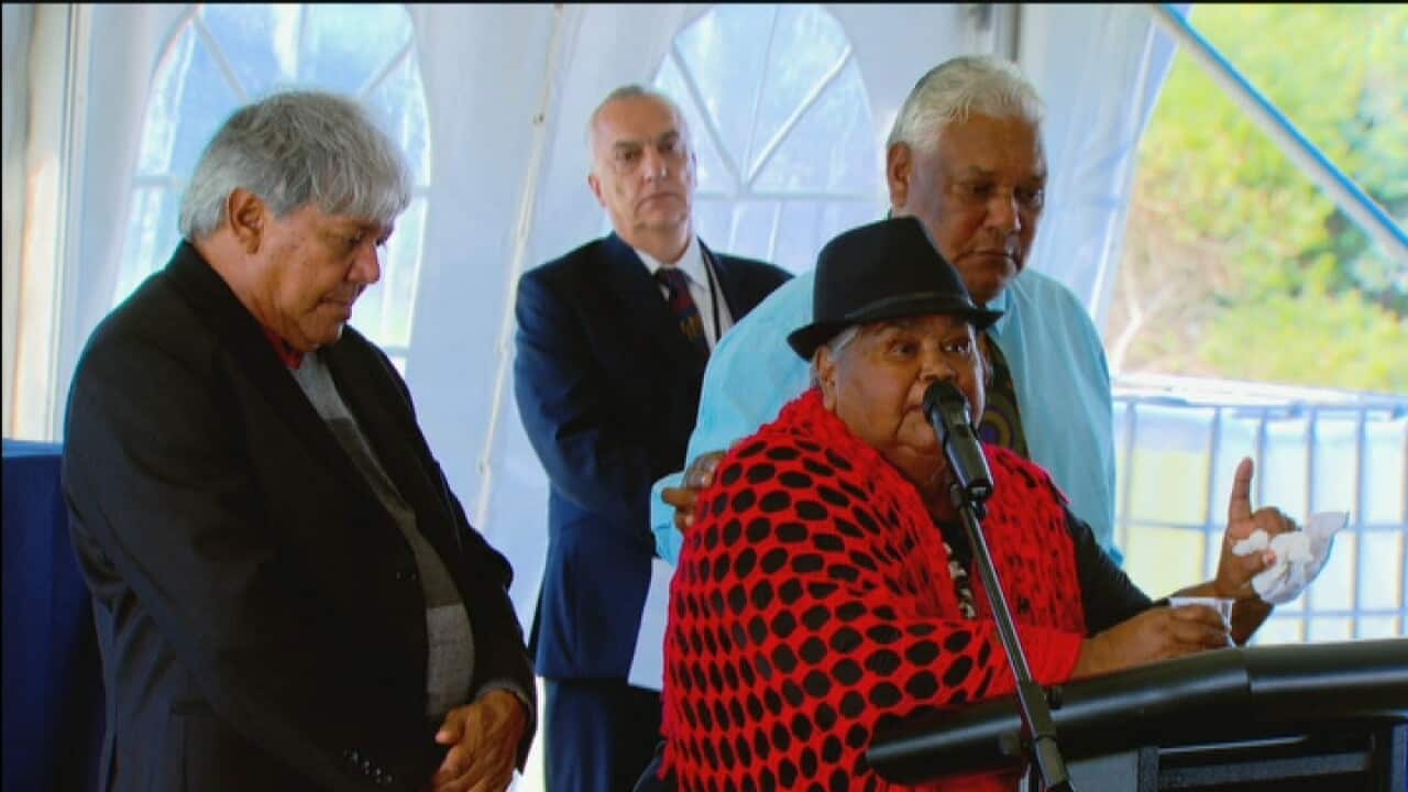 Lillian Williams 'Aunty Lil' gives the Welcome to Country at Yamba court (SBS).