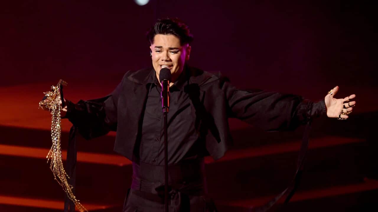 Sheldon Riley is seen performing the song Not The Same during the Eurovision Australia Decides 2022 final on the Gold Coast.