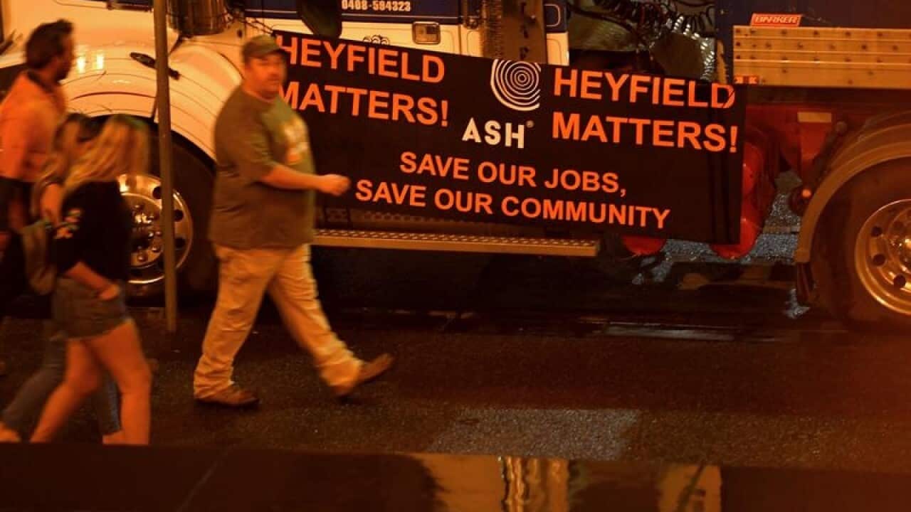Workers protest the closure of the Heyfield Mill