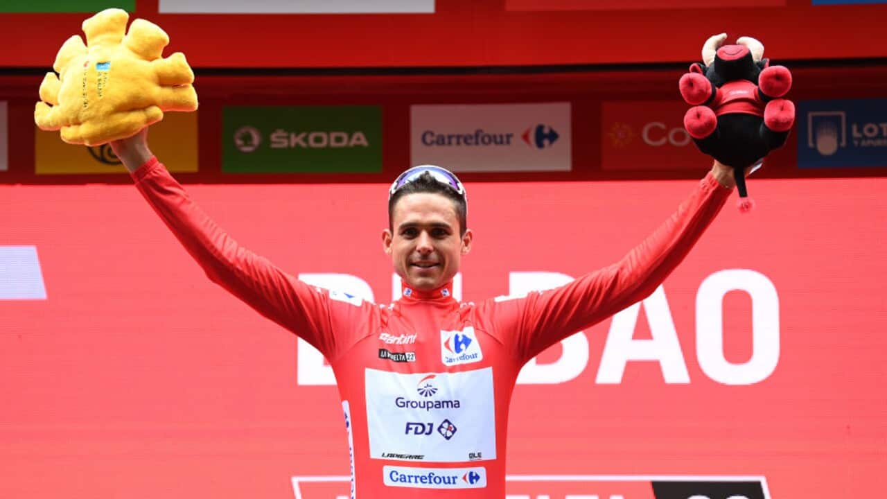 Rudy Molard of Groupama-FDJ celebrates after pulling on the red jersey on Stage 5 of the Vuelta a Espana