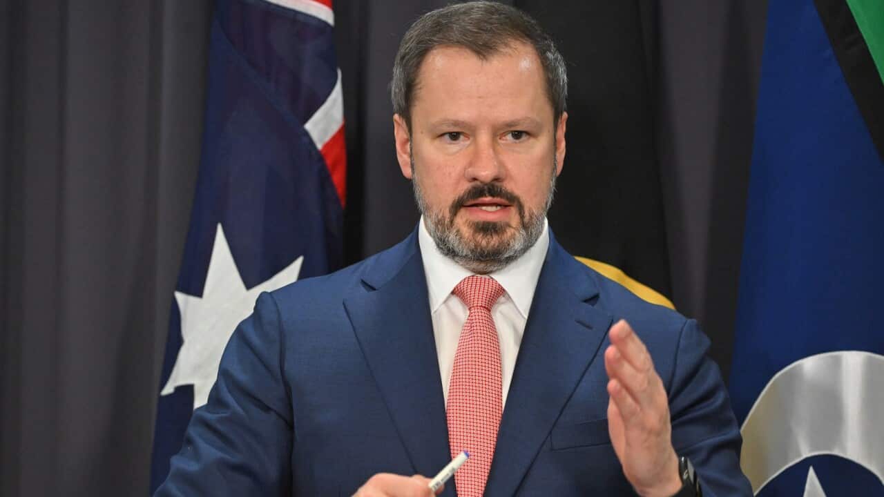 Minister for Industry Ed Husic at a press conference on AI at Parliament House in Canberra (AAP).