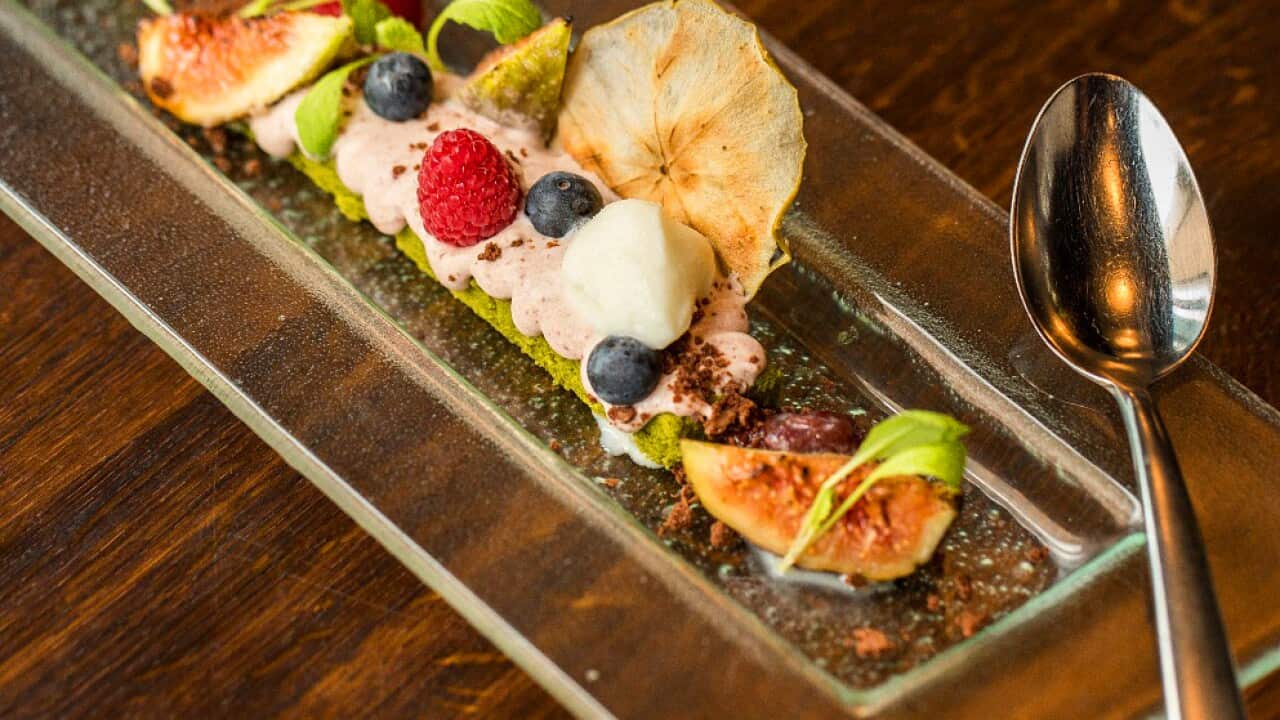 White chocolate and green tea mousse with azuki cream and caramelised figs