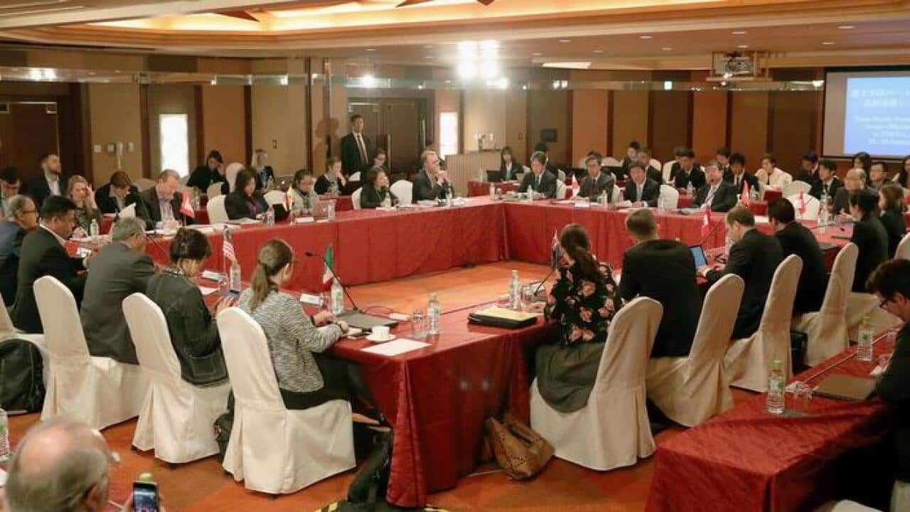 Chief negotiators from the 11 member states of the Trans-Pacific Partnership free trade pact meet in Tokyo on Jan. 22, 2018. (Kyodo)==Kyodo