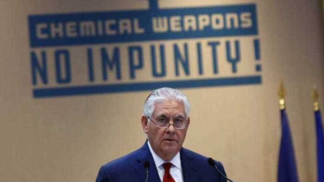U.S. Secretary of State Rex Tillerson delivers a speech during a foreign ministers' meeting on the International Partnership against Impunity for the Use of Chemical Weapons, in Paris