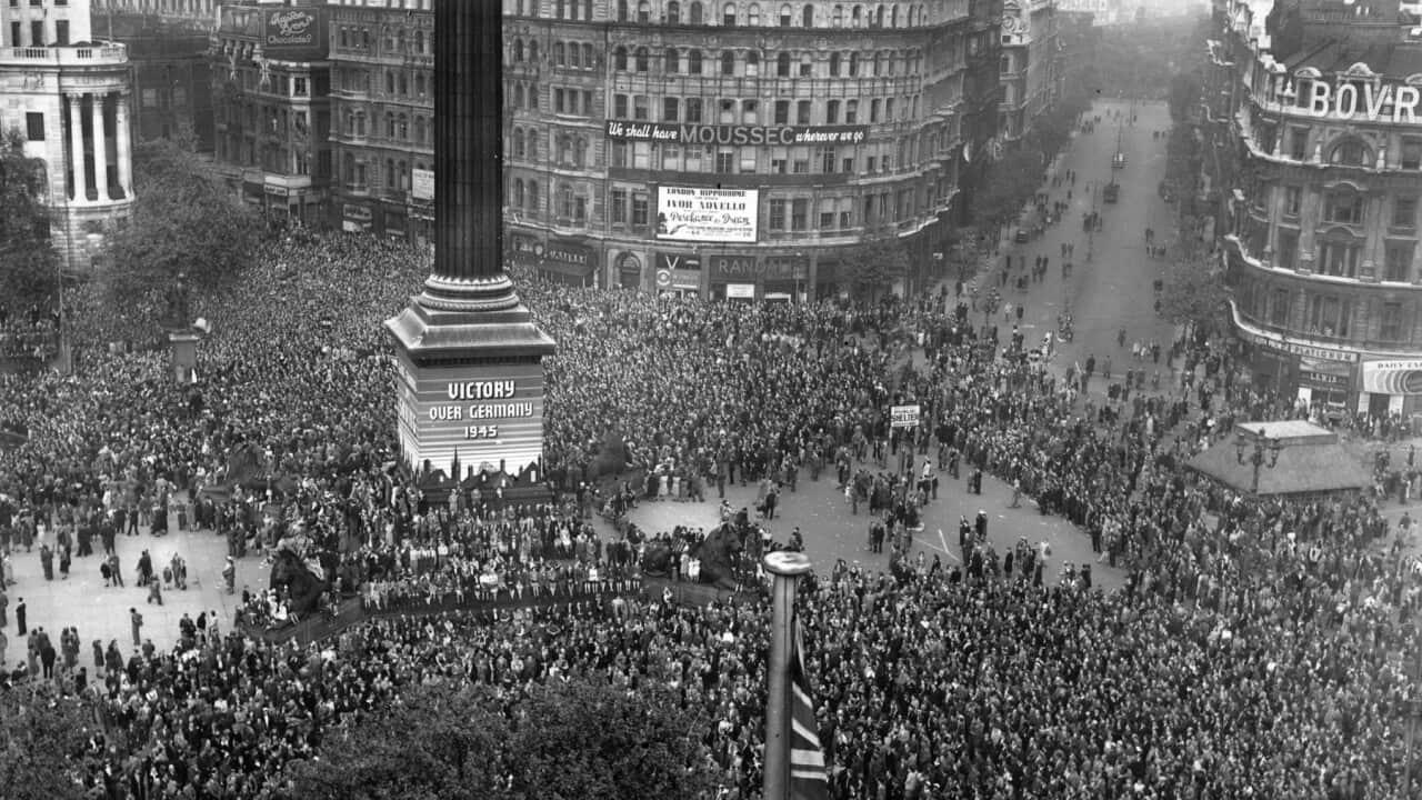 VE Day Celebrations in London's Trafalgar Square in 1945